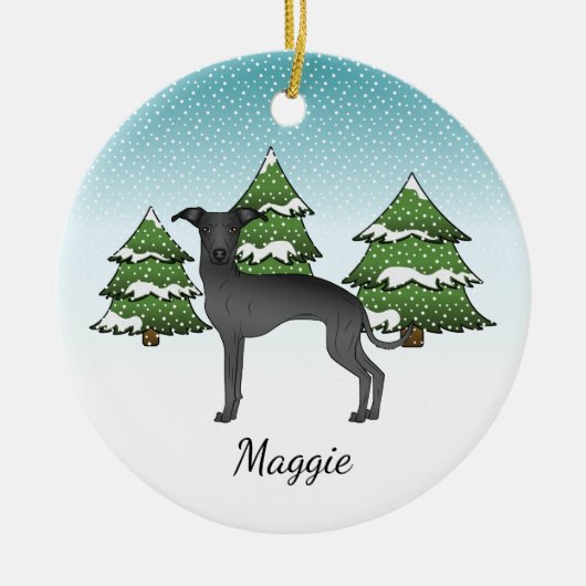 冬のイタリアン森の黒いグレイハウンド犬 セラミックオーナメント (正面)