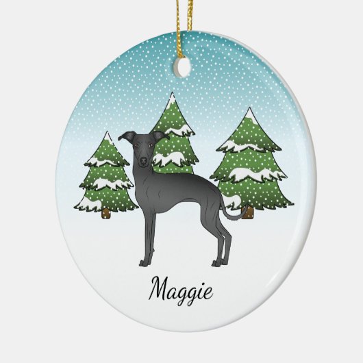 冬のイタリアン森の黒いグレイハウンド犬 セラミックオーナメント (左)
