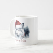 冬のウィスパー – サンタハットの水色オオカミ コーヒーマグカップ (正面左)