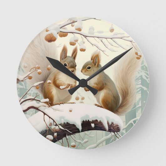 冬のウィスパー:リスの雪のダンス ラウンド壁時計 (正面)