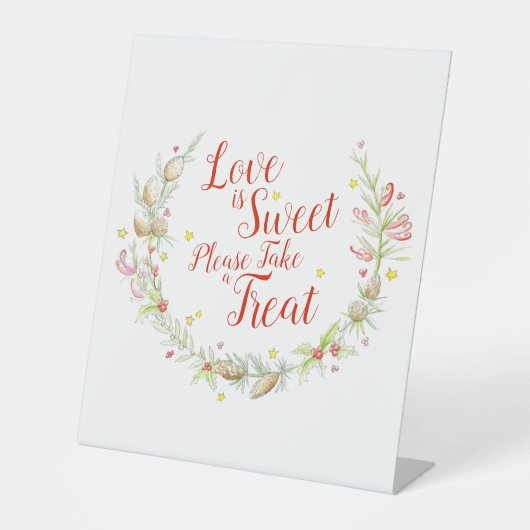 冬のウェディングウォーターカラーコーンのベリーと星 台座サイン (正面)