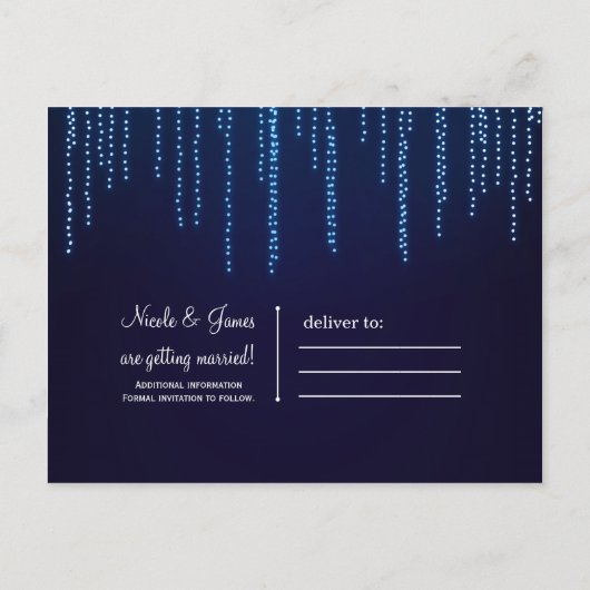冬のウェディングエレガントブルーライト日付を保存 案内ポストカード (裏面)