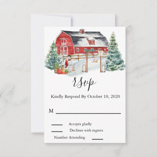 冬のウェディングバーンクリスマススノーウォーターの色 出欠カード (正面)