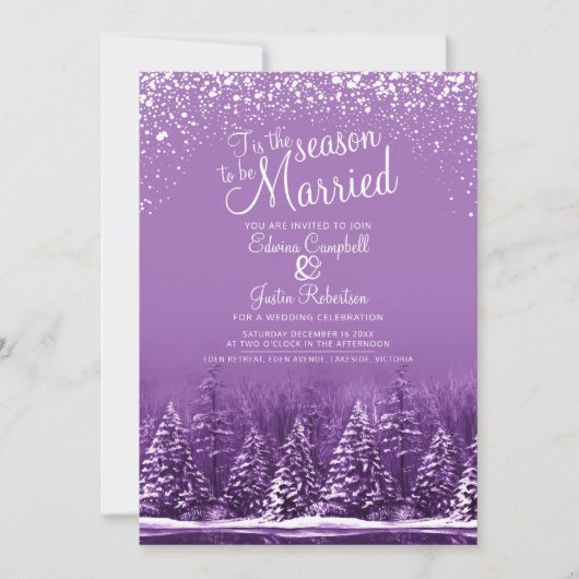 冬のウェディングパイン湖の白い紫のアートフォト 招待状 (正面)