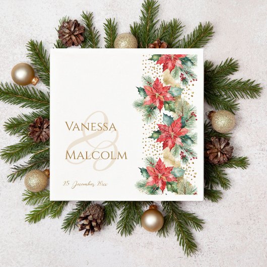 冬のウェディングポインセチア金ゴールドテンプレート スタンダードカクテルナプキン