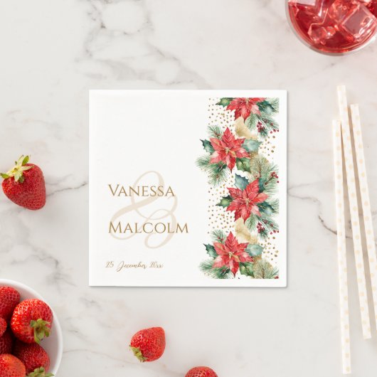 冬のウェディングポインセチア金ゴールドテンプレート スタンダードカクテルナプキン (インサイチュ)