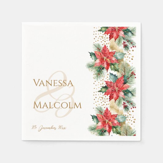 冬のウェディングポインセチア金ゴールドテンプレート スタンダードカクテルナプキン (正面)
