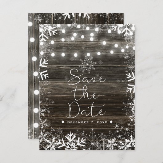 冬のウェディングライトと雪の結晶は日付を保存 案内ポストカード (正面/裏面)