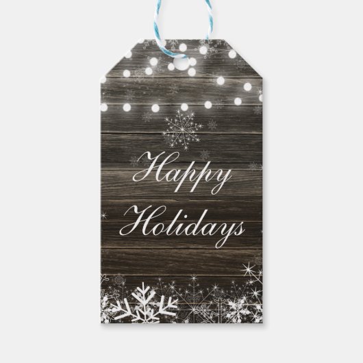 冬のウェディングライト & スノーフレーク ラスティック フェイバー ギフトタグ (正面)