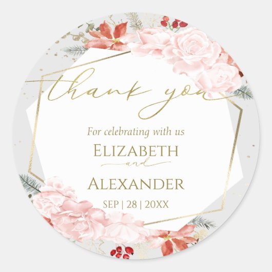 冬のウェディング感謝していお客様シール金箔の水色 ラウンドシール (正面)