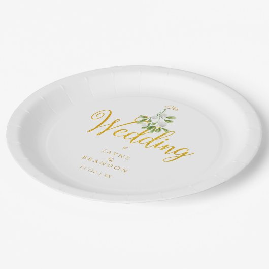 冬のウェディング エレガント ゴールド スクリプト ミストルテ ペーパープレート (アングル)