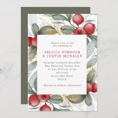 冬のウェディング セージグリーン & 赤い実 招待状 (正面/裏面)
