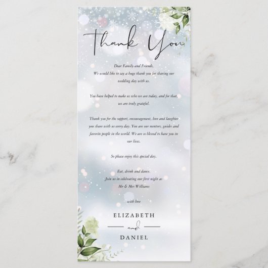 冬のウェディング レセプション 感謝の気持ちのカード メニュー (正面)