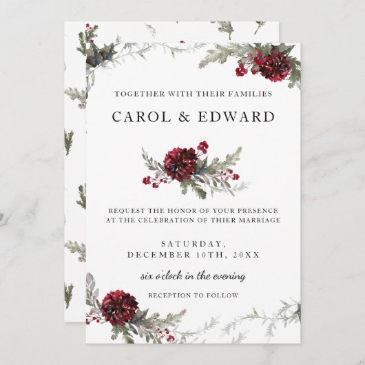冬のウェディング ヴィンテージ フラワーのクリスマス スタイル 招待状 (正面/裏面)