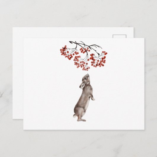 冬のウサギ食べのベリーの水色 ポストカード (正面/裏面)