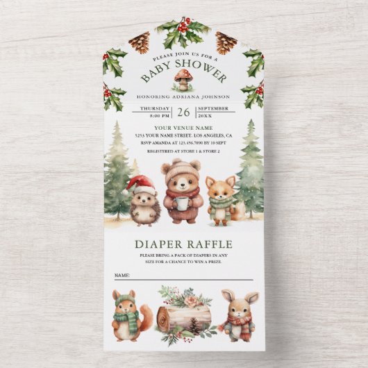 冬のウッドランドかわいい動物クリスマスベビーシャワー オールインワン招待状 (内側)