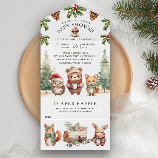 冬のウッドランドかわいい動物クリスマスベビーシャワー オールインワン招待状