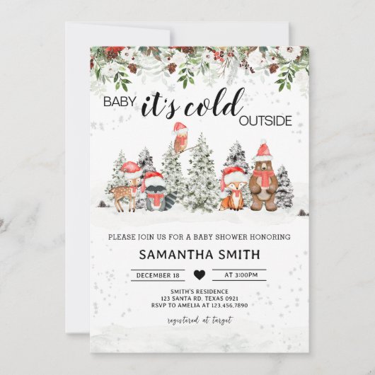冬のウッドランドその寒い外の赤ちゃんシャワー 招待状 (正面)