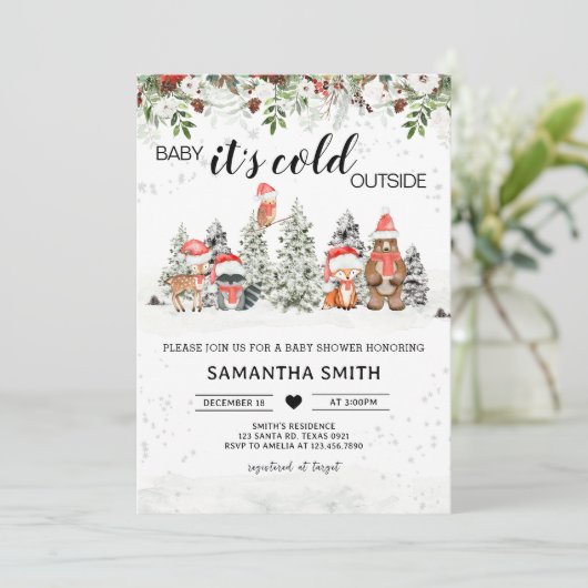 冬のウッドランドその寒い外の赤ちゃんシャワー 招待状 (スタンド正面)