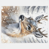 冬のウッドランドの水彩クリスマスディアー フリースブランケット (正面(横))