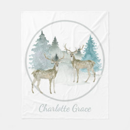 冬のウッドランドの水彩クリスマスディアー フリースブランケット