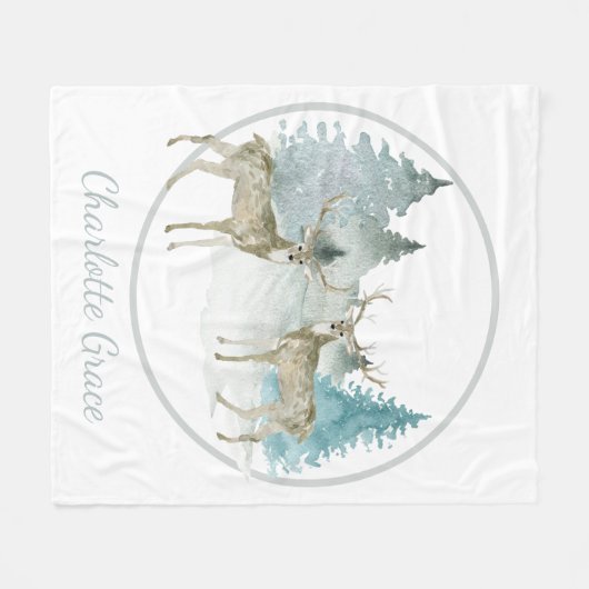 冬のウッドランドの水彩クリスマスディアー フリースブランケット (正面(横))