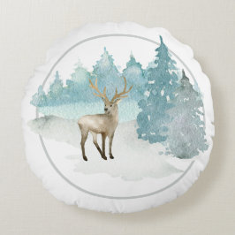 冬のウッドランドの水彩クリスマスディアー ラウンドクッション
