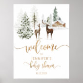 冬のウッドランドの鹿の赤ちゃんシャワーへようこそ ポスター (正面)