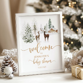 冬のウッドランドの鹿の赤ちゃんシャワーへようこそ ポスター
