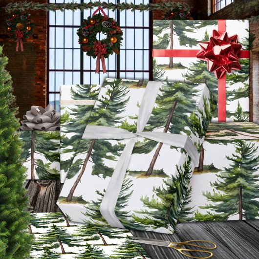 冬のウッドランドウォーターカラーモミの木の森 ラッピングペーパー