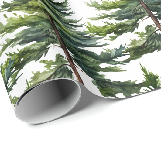 冬のウッドランドウォーターカラーモミの木の森 ラッピングペーパー (ロールコーナー)