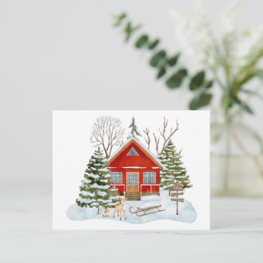 冬のウッドランドキャビンと森林の訪問者 ポストカード (スタンド正面)
