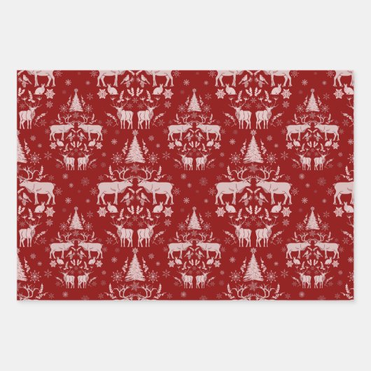 冬のウッドランドダマスクとトナカイとモミの木 ラッピングペーパーシート (正面3)