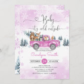 冬のウッドランドピンクのトラックの赤ちゃんシャワー 招待状 (正面/裏面)