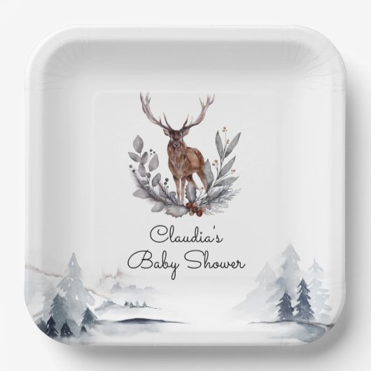 冬のウッドランドモダンスタグスクリプトベビーシャワー ペーパープレート (正面)