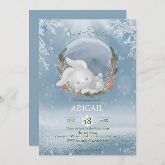 冬のウッドランド動物うさぎ赤ちゃんシャワー 招待状 (正面/裏面)