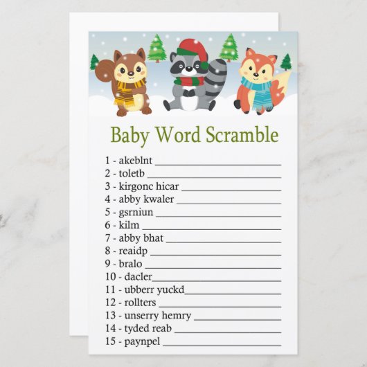 冬のウッドランド動物のベビー単語スクランブルゲーム (正面/裏面)