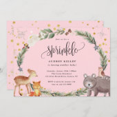 冬のウッドランド動物のベビー散水シャワーピンク 招待状 (正面/裏面)