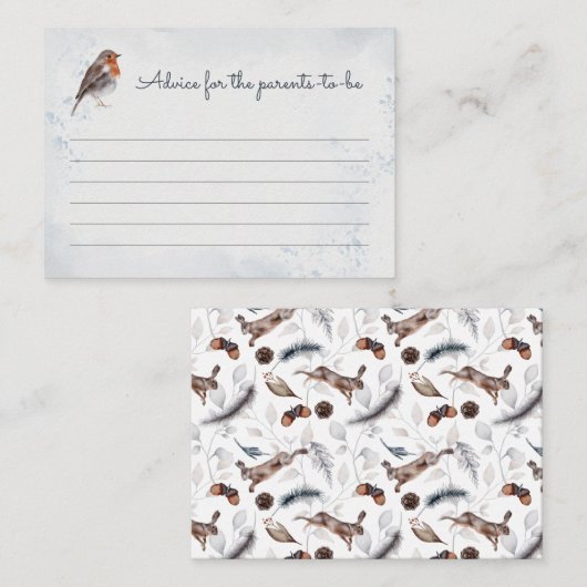 冬のウッドランド動物の水の色ベビーシャワー アドバイスカード (正面/裏面)