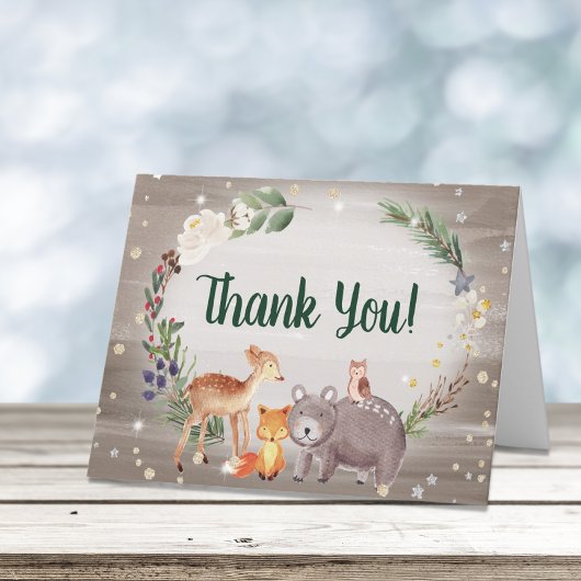 冬のウッドランド動物の水の色ベビーシャワー サンキューカード