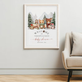 冬のウッドランド動物の赤ちゃんシャワー歓迎サイン ポスター