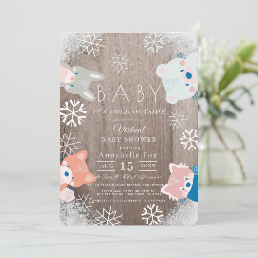 冬のウッドランド動物の青い仮想ベビーシャワー 招待状 (スタンド正面)