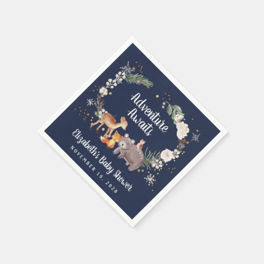 冬のウッドランド動物の青い赤ちゃんシャワー スタンダードカクテルナプキン (角)