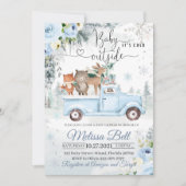 冬のウッドランド動物ブルートラック雪のベビーショー 招待状 (正面)
