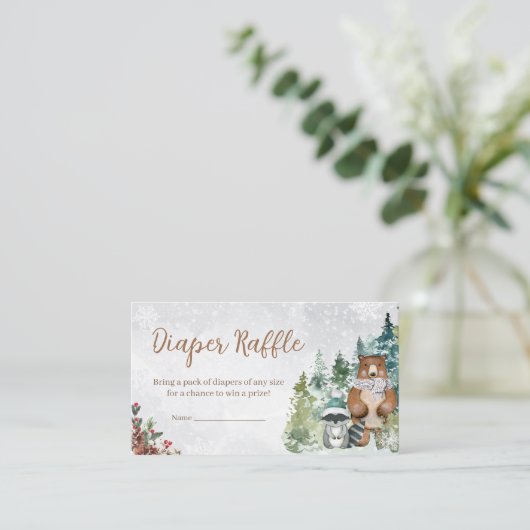 冬のウッドランド動物ベビーシャワーおむつラッフル エンクロージャーカード (スタンド正面)