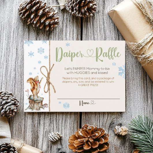冬のウッドランド動物ベビーシャワーおむつラッフル エンクロージャーカード