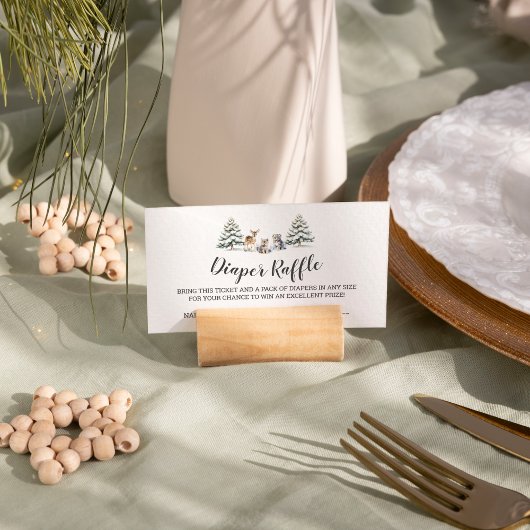 冬のウッドランド動物ベビーシャワーおむつラッフル エンクロージャーカード