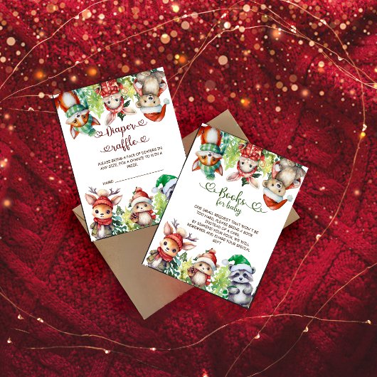 冬のウッドランド動物ベビーシャワーおむつラッフル エンクロージャーカード