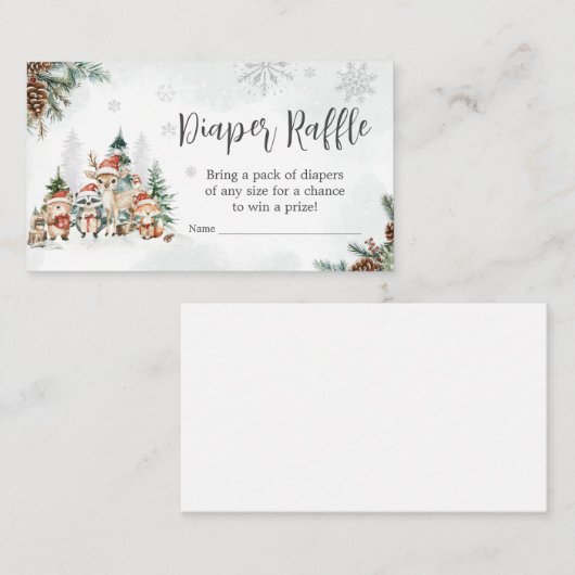 冬のウッドランド動物ベビーシャワーおむつラッフル エンクロージャーカード (正面/裏面)