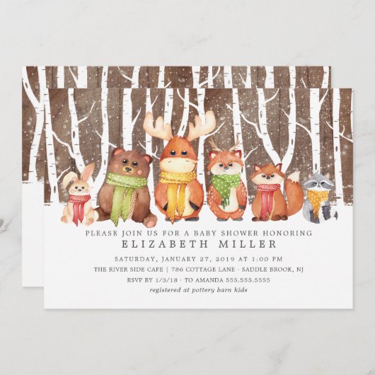 冬のウッドランド動物ベビーシャワー招待状 招待状 (正面/裏面)